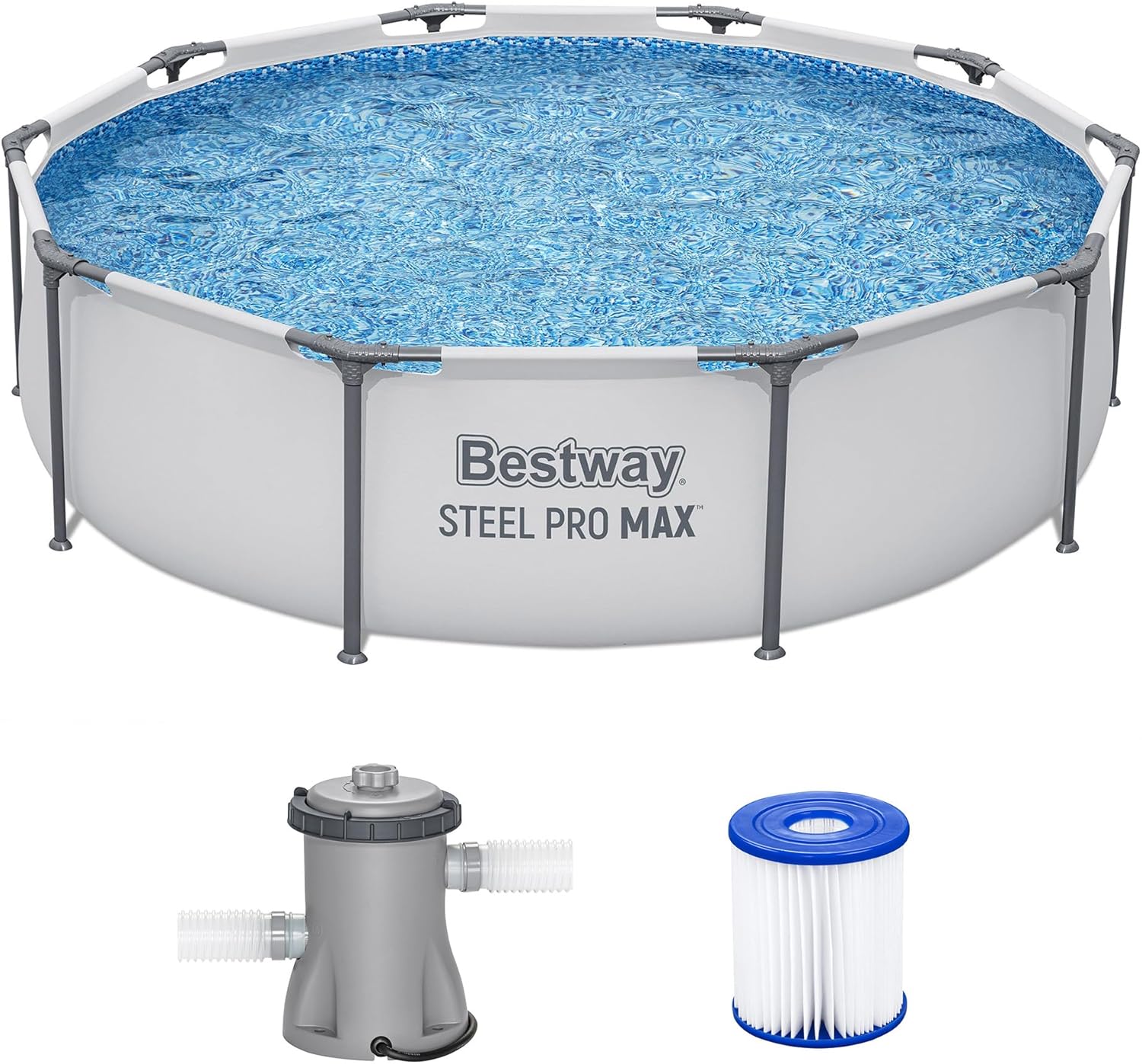 Bestway Steel Pro MAX 10' x 30' Above Ground Pool, Round Metal Frame Outdoor Swimming Pool Set with Filter Pump & Type I Cartridge, Gray