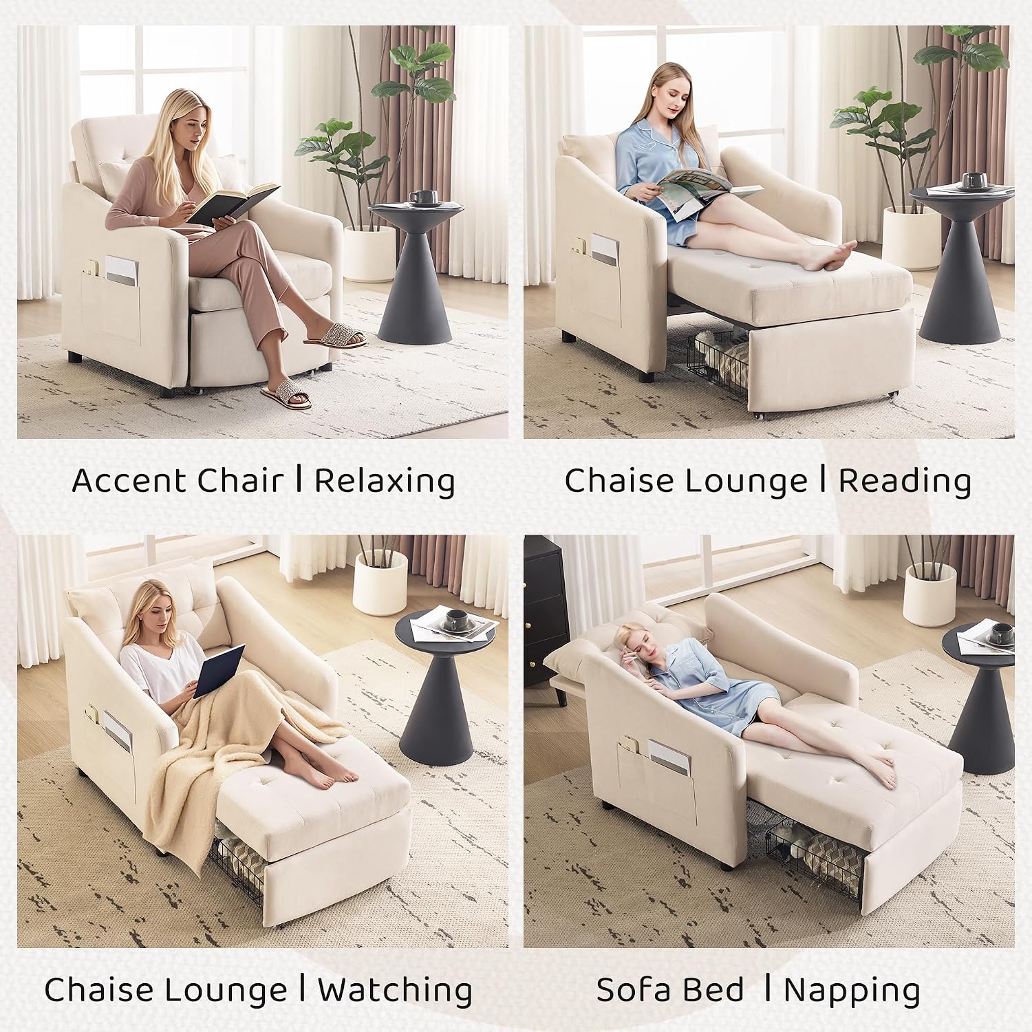 Bezseller Sleeper Sofa Chair Bed, 3-in-1 Convertible Sleeper Chair with Storage Drawer, Pull Out Couch with Side Pocket, Pillow, and Adjustable Backrest, for Living Room Bedroom Apartment, Beige
