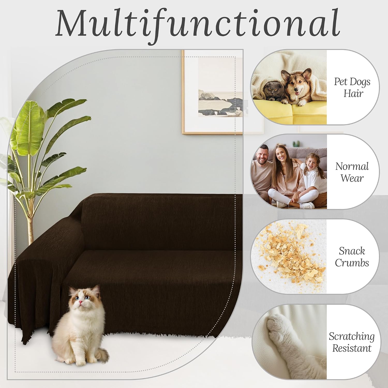 HDCAXKJ Corner Sectional Couch Covers for Dogs L Shape Sofa Cover with Tassel Chenille Super Soft Non Slip U Shaped Couch Cover Blanket Washable Sectional Slipcover Protector (Chocolate, 91x276 inch)