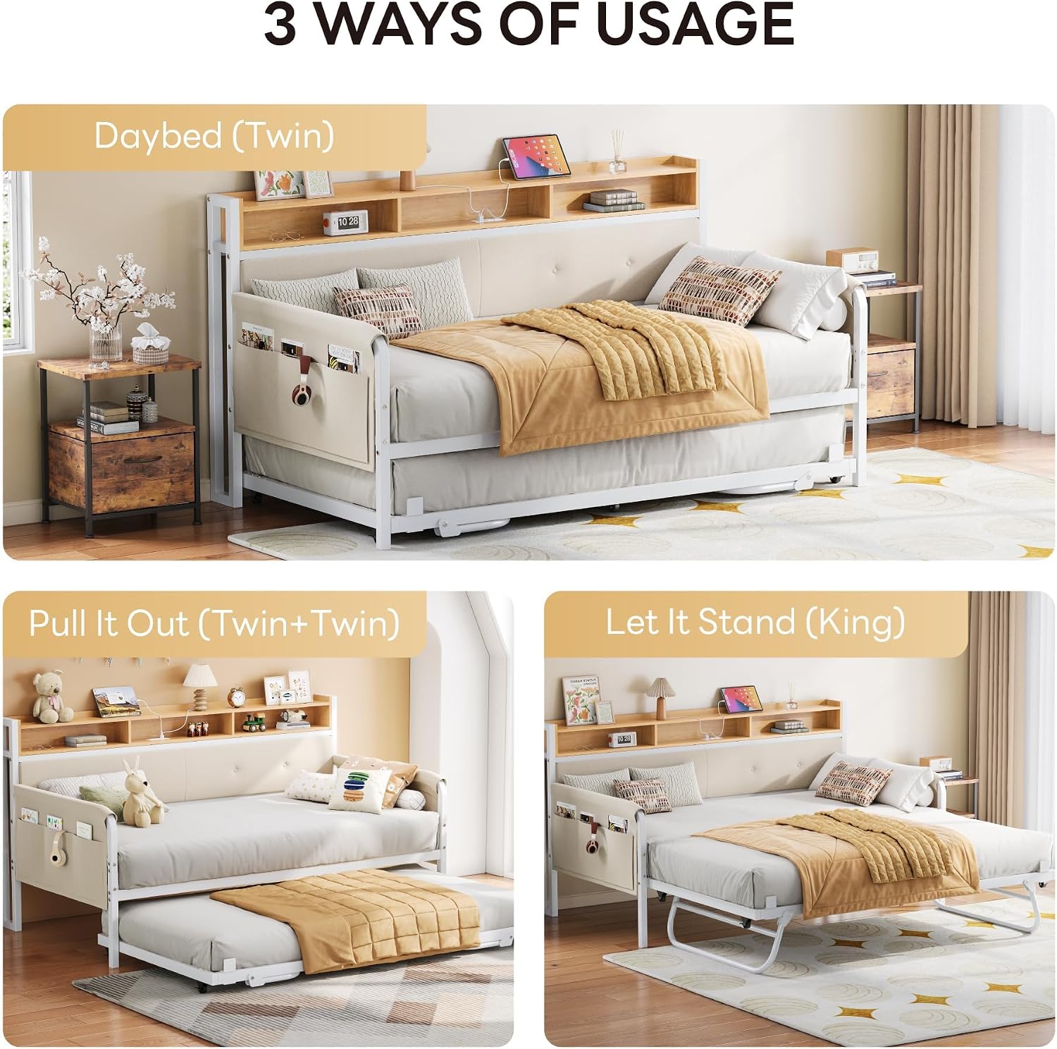 LIKIMIO Daybed with Trundle, Twin Bed Frame with Upholstered Headboard and Charging Station, Sofa Day Bed with Strong Supports for Living Room, Bedroom and Guest Room, White