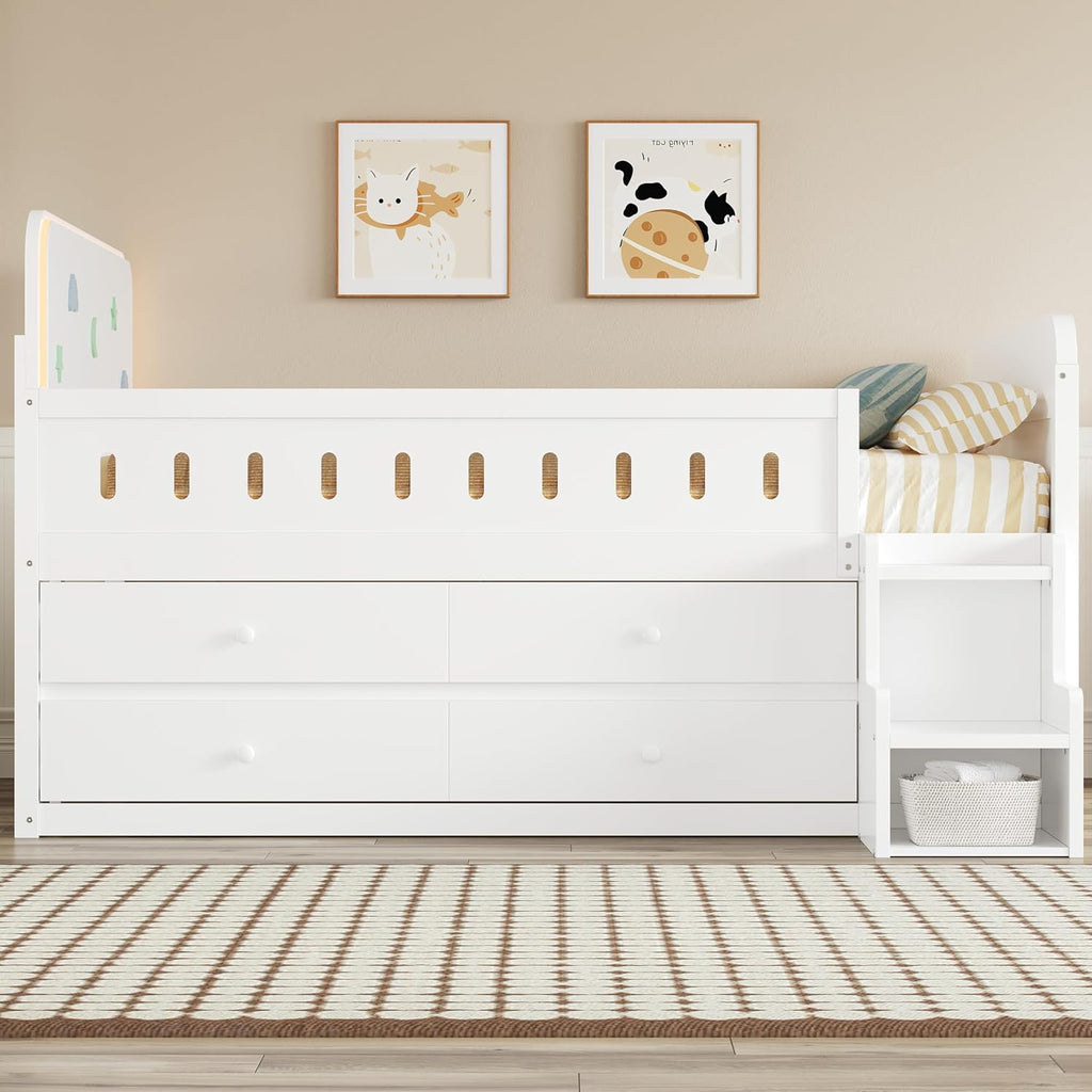 Harper & Bright Designs Kids Full Bed Frame with Drawers and LED Headboard,Wood Montessori Floor Platform Bed with 2-Steps Stairs and Safety Guardrails for Boys Girls,Space Saving,White