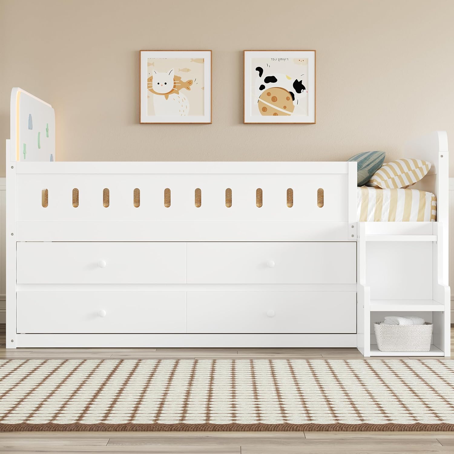 Harper & Bright Designs Kids Full Bed Frame with Drawers and LED Headboard,Wood Montessori Floor Platform Bed with 2-Steps Stairs and Safety Guardrails for Boys Girls,Space Saving,White