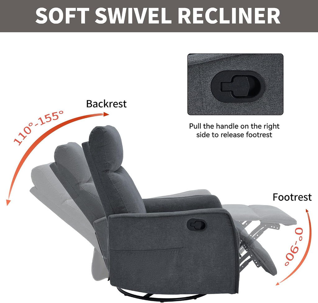 Massage Chair Recliner with Heat, 360° Swivel Glider Rocker with Reclining Backrest and Footrest, Manual Lazy Boy Recliners for Adults, Modern Nursery Rocking Chairs (Dark Grey)