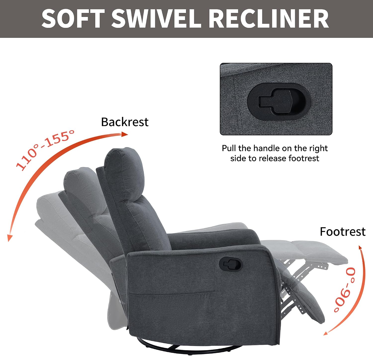 Massage Chair Recliner with Heat, 360° Swivel Glider Rocker with Reclining Backrest and Footrest, Manual Lazy Boy Recliners for Adults, Modern Nursery Rocking Chairs (Dark Grey)