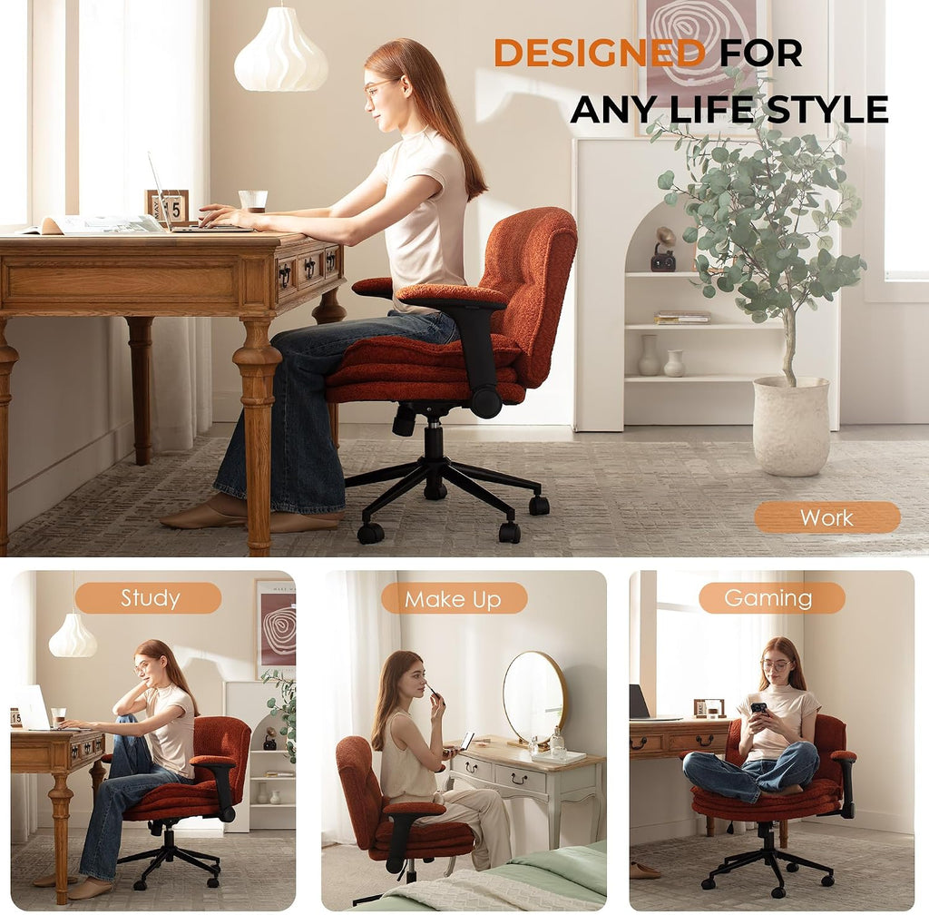 Dowinx Criss Cross Chair with Adjustable Flip-up Arms and Wheels, Comfort Ergonomic Office Desk Armchair with 3 Layer Cushions, Wide Seat Vanity Chair for Home Office, Living Room, Bedroom, Orange