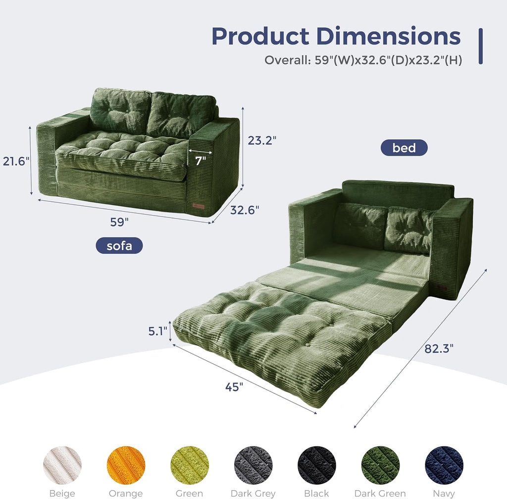 MAXYOYO Convertible Sofa Bed, Pull Out Loveseat Sleeper Sofa, 2 in 1 Folding Couch Bed, Fold Out Floor Couch with Pillows for Living Room Bedroom Lounge, Dark Green