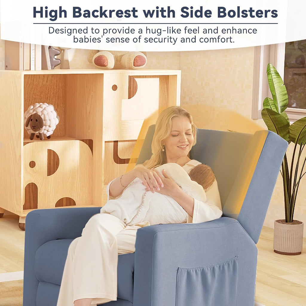 Tbfit Nursery Rocking Chair, 360° Swivel Recliner Chair with Lumbar Support for Bedroom, Comfy Upholstered Armchair with Pillows & Footrest for Living Room & Baby Room
