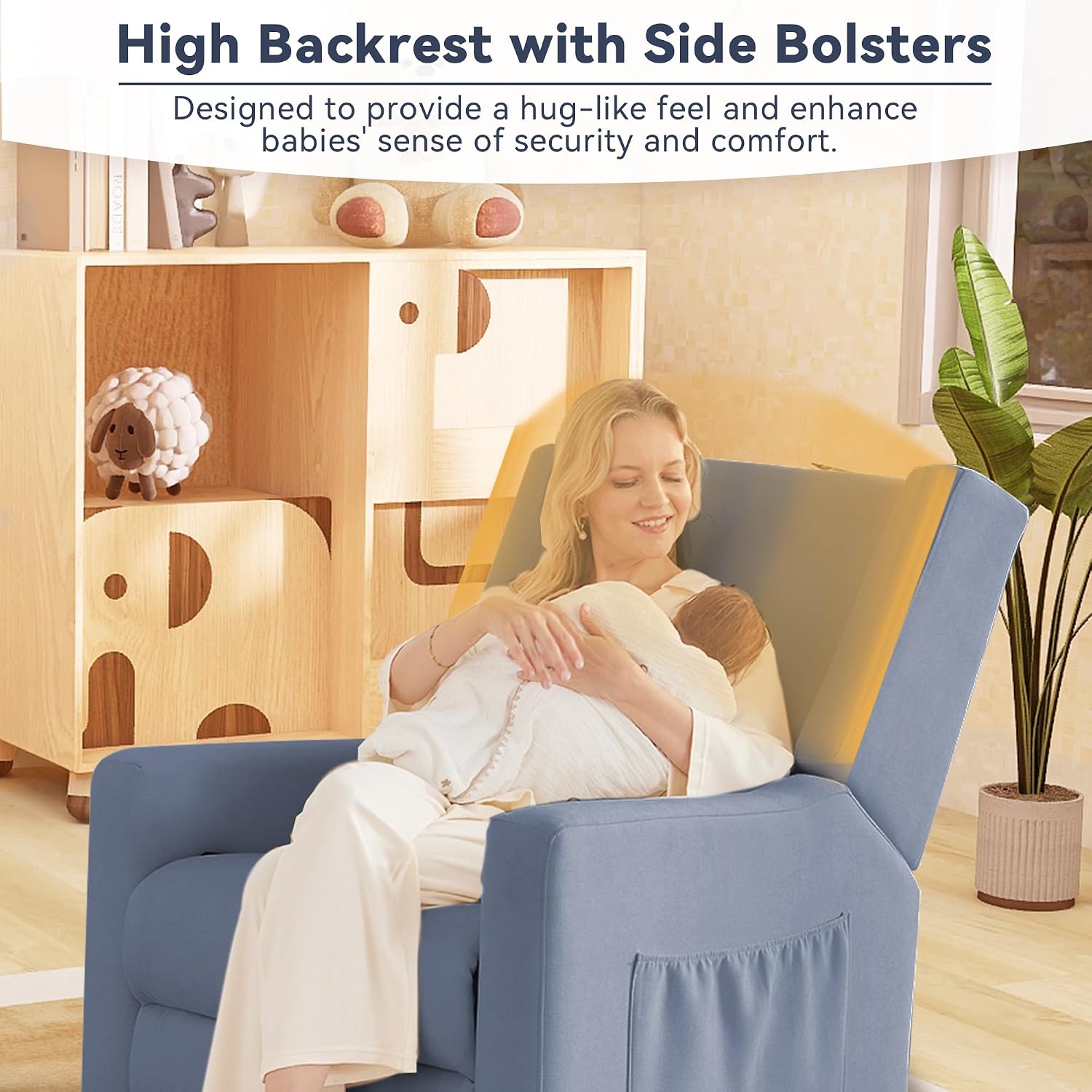 Tbfit Nursery Rocking Chair, 360° Swivel Recliner Chair with Lumbar Support for Bedroom, Comfy Upholstered Armchair with Pillows & Footrest for Living Room & Baby Room