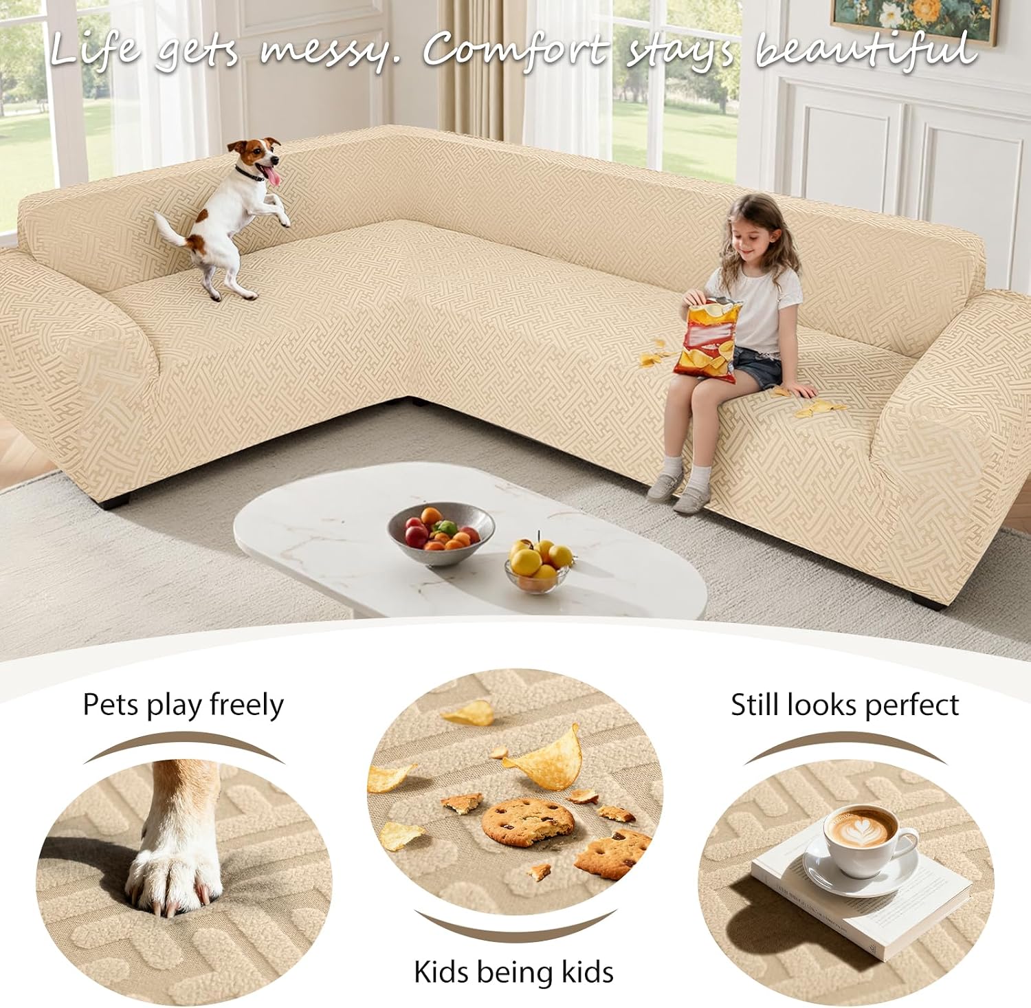 Sectional Couch Covers L Shape Sofa Cover 1-Piece Stretch Corner Couch Covers Non Slip Washable Sofa Slipcovers Soft Fleece Furniture Protector for Dogs Pet (X-Large, Beige)