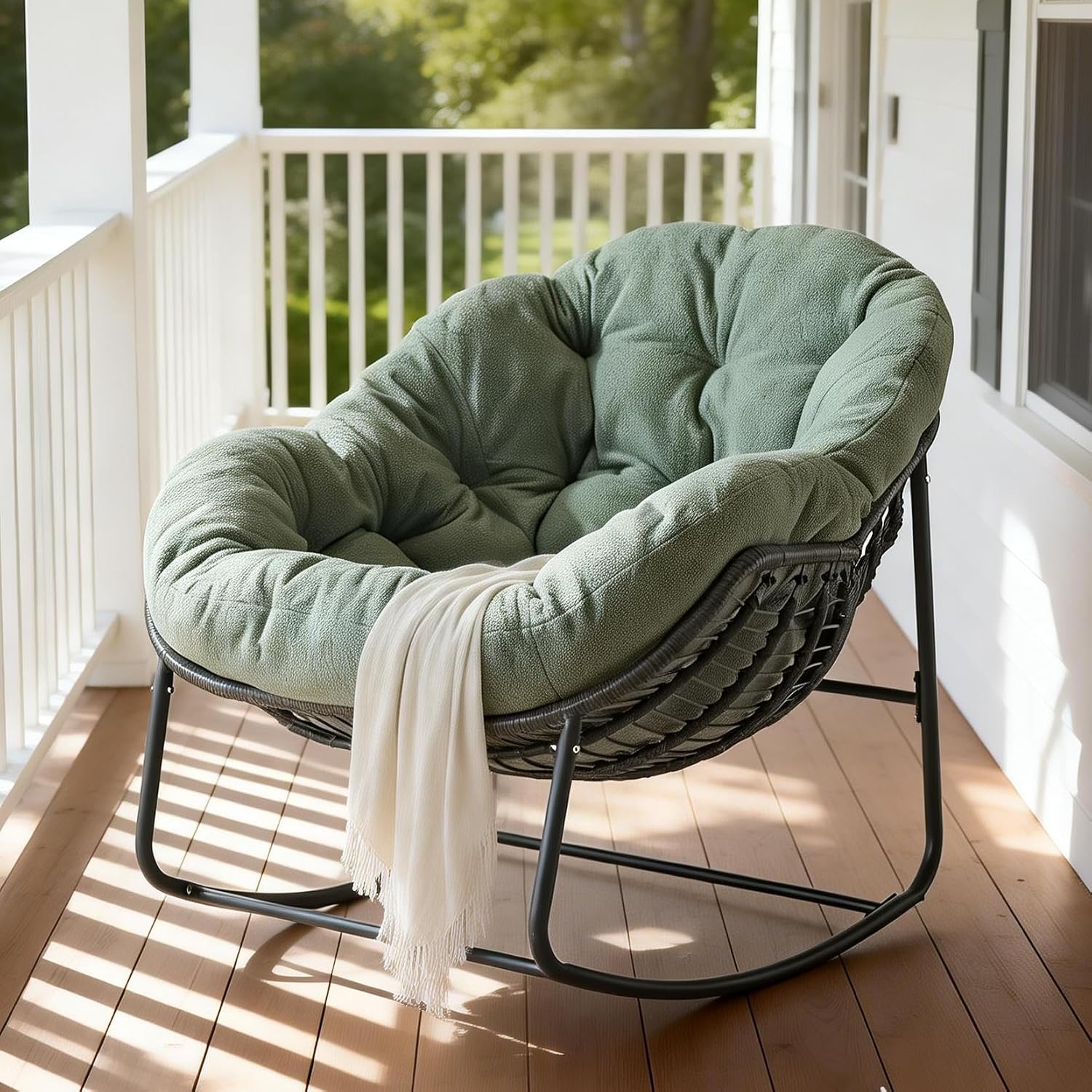 Oversized Outdoor Papasan Rocking Chair with Soft Cushion, Comfy Patio Egg Chair, Wicker Lounge Rocker for Balcony/Porch/Garden, Reinforced All Weather Rattan Frame, 330 lbs Support, Hunter Green