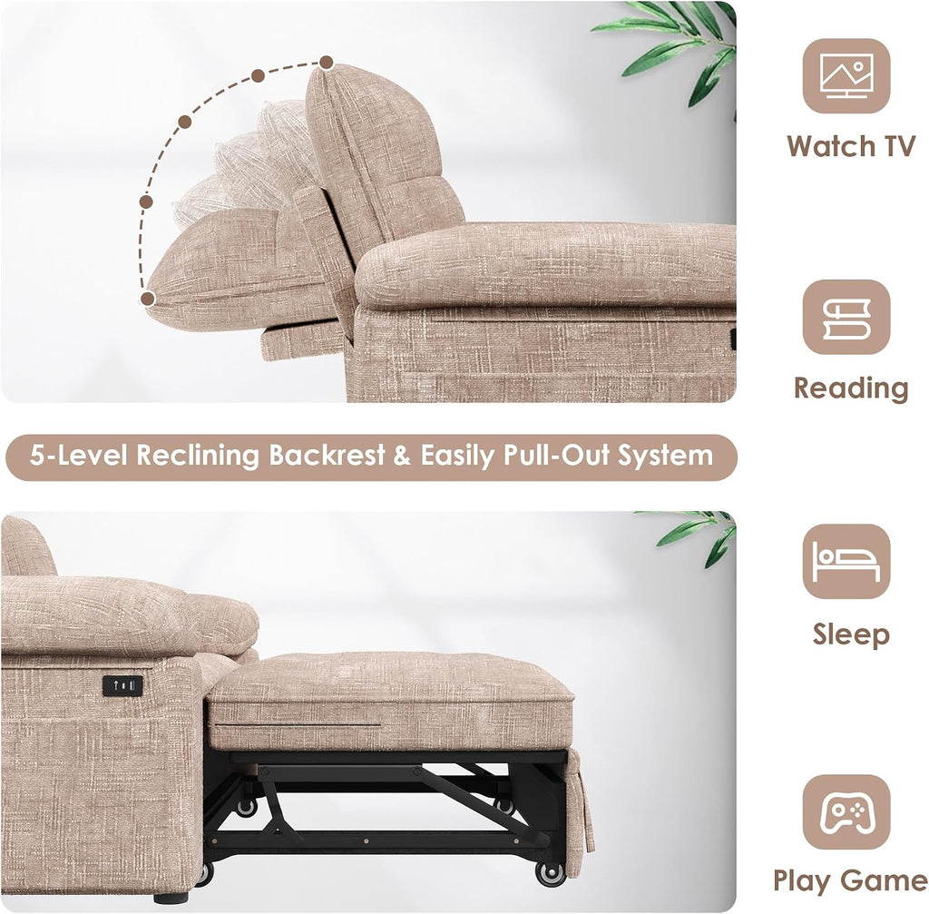 Keyluv 59' Loveseat Sleeper Sofa with USB Ports & Side Pockets, 3 in 1 Convertible Sofa Bed for Living Room/RVs/Camper, Pull Out Couch with Adjustable Backrest, Chenille Khaki