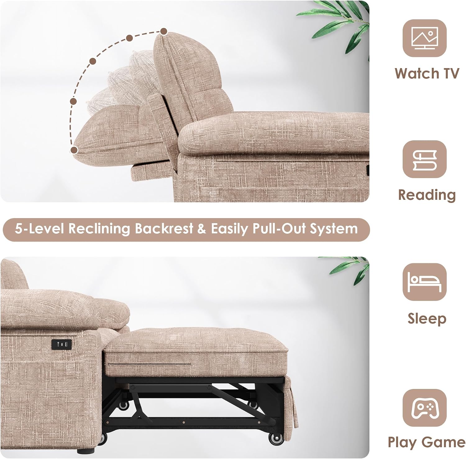 Keyluv 59' Loveseat Sleeper Sofa with USB Ports & Side Pockets, 3 in 1 Convertible Sofa Bed for Living Room/RVs/Camper, Pull Out Couch with Adjustable Backrest, Chenille Khaki