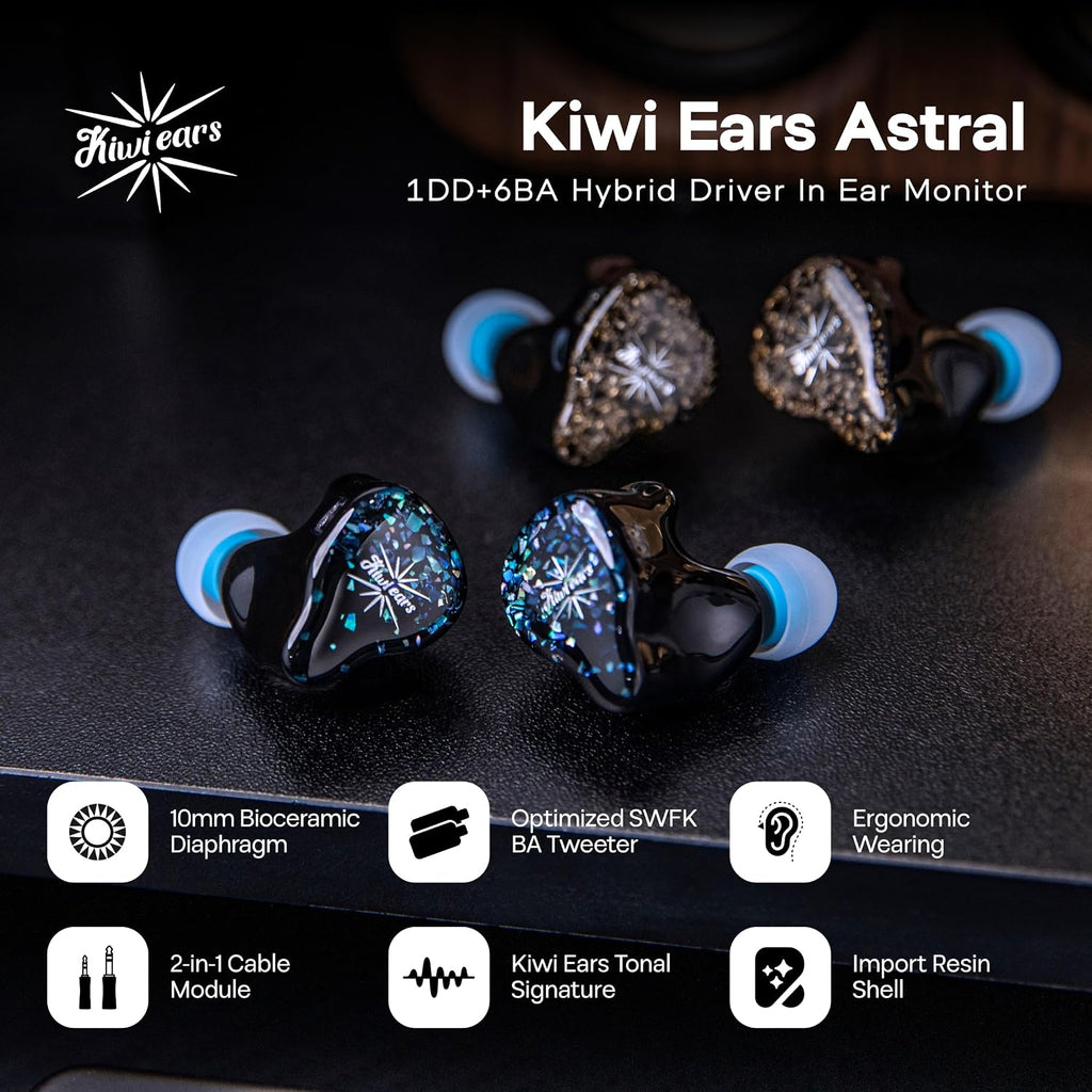 Linsoul Kiwi Ears Astral 1DD+6BA Hybrid in Ear Monitor, Wired Earbuds, HiFi Studio Recording &Mixing Earphone, Portable Gaming IEMs for Professional Music Engineers Audiophiles (Blue)