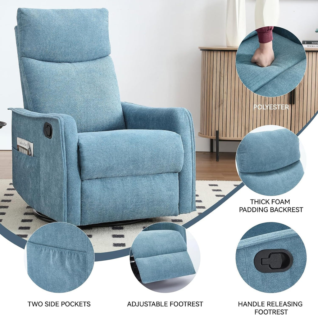 Massage Chair Recliner with Heat, 360° Swivel Glider Rocker with Reclining Backrest and Footrest, Manual Lazy Boy Recliners for Adults, Modern Nursery Rocking Chairs (Blue)