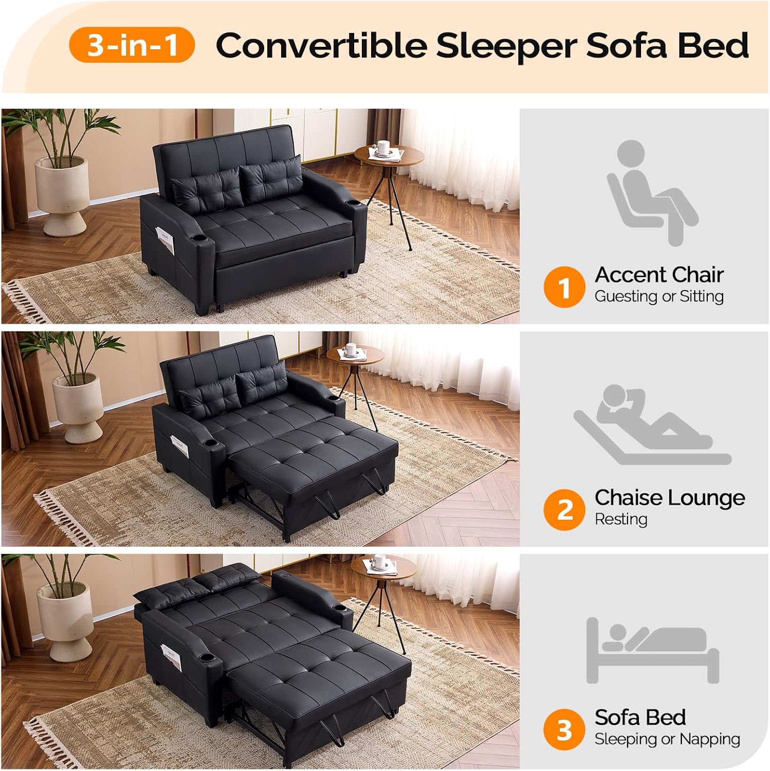 VINGLI Convertible Loveseat Sleeper Sofa, Black Faux Leather Futon Sofa Bed Pullout Couch Bed with USB Ports, Cup Holders, Armrest for Living Room, Bedroom, Home Office Apartment