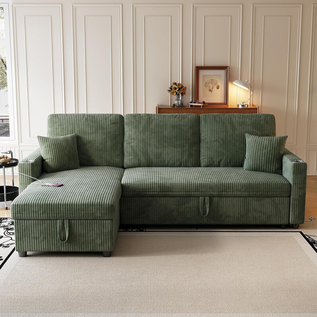 Sleeper Sectional Sofa, 83' Convertible Sofa Bed with Pull Out Couches, Small Desktop, L Shaped Couch with Reversible Chaise, Cup Holders, USB, Modern Corduroy Sofas for Living Room Apartment, Green