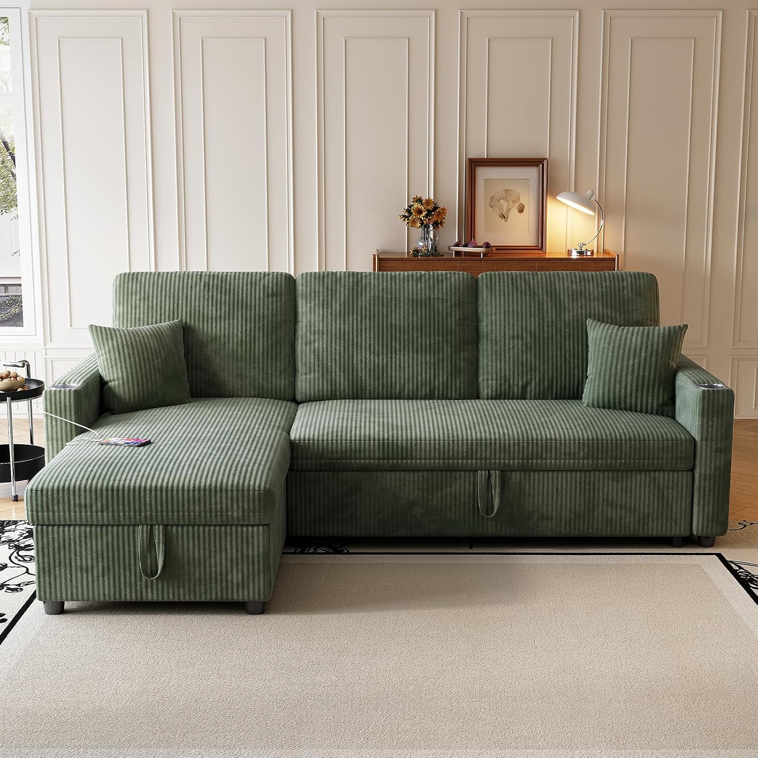 Sleeper Sectional Sofa, 83' Convertible Sofa Bed with Pull Out Couches, Small Desktop, L Shaped Couch with Reversible Chaise, Cup Holders, USB, Modern Corduroy Sofas for Living Room Apartment, Green