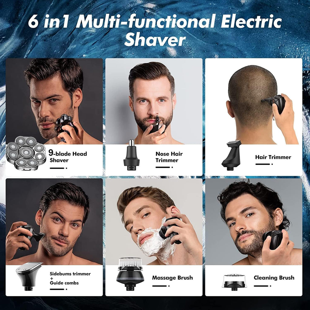 Head Shavers for Bald Men, 9D Shaver for Bald Men 6-in-1 with Nose/Body Trimmer Floating Head Electric Shaver Wet/Dry LED Display Mens Grooming Kit