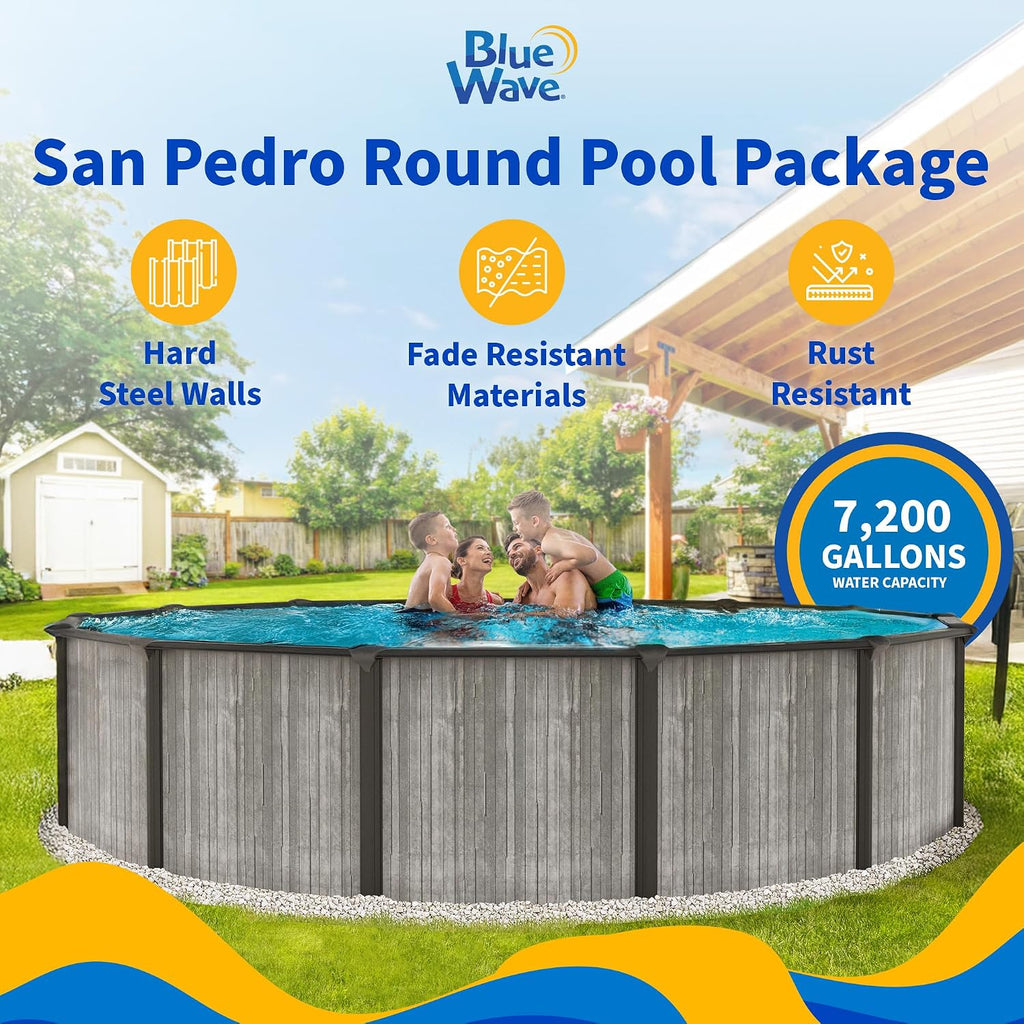 Blue Wave San Pedro 18-ft Round 52-in Deep Above Ground Swimming Pool – Steel Top Rails, Sand Filter, Skimmer, Liner, A-Frame Ladder & Maintenance Kit – Complete Outdoor Pool Accessories