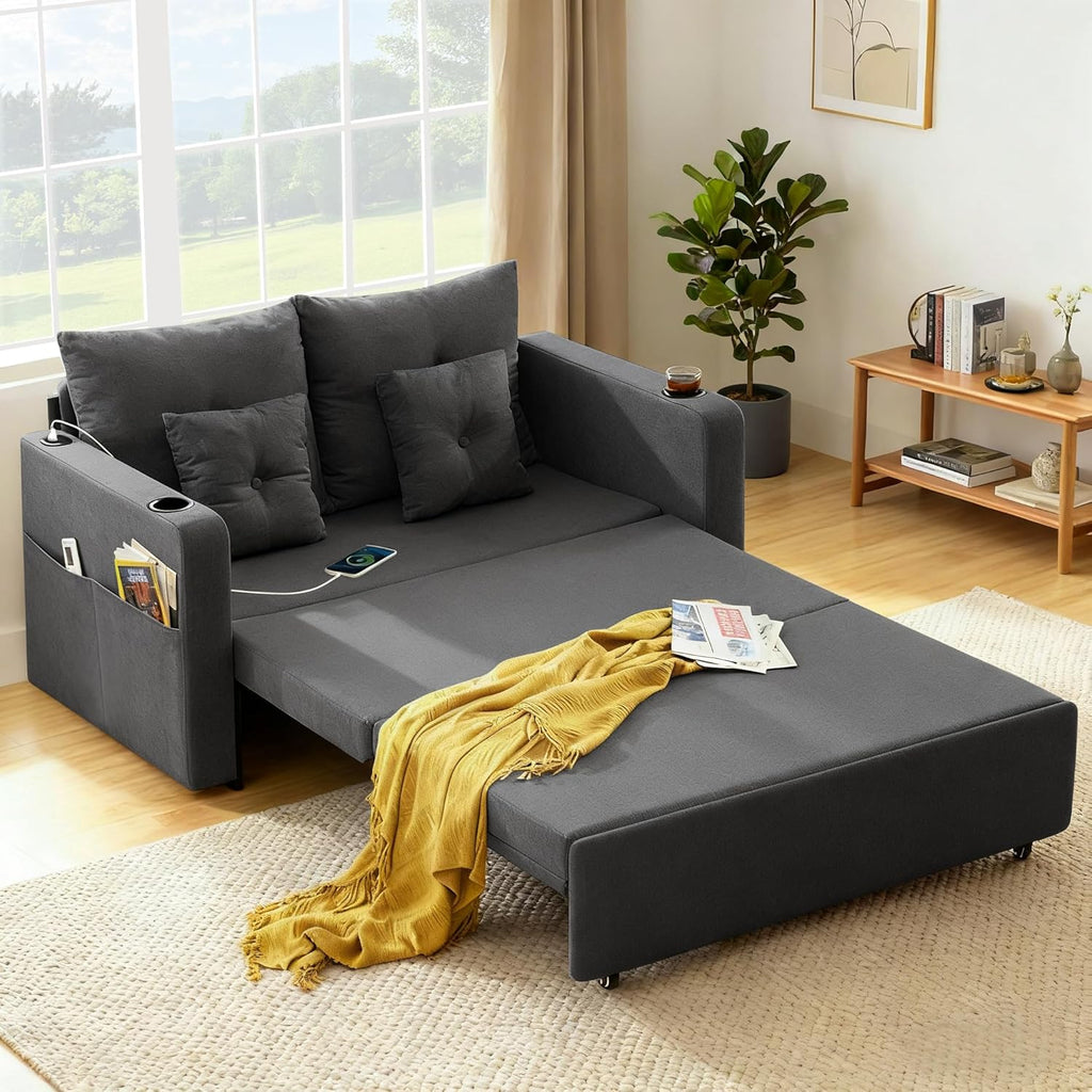 Busaurus 3 in 1 Convertible Sofa Bed, 56' Full Size Loveseat Sleeper Sofa Couch Bed, Sleeper Sofa Bed with Storage Pocket, USB, Comfy Pull Out Sofa Bed for Living Room, Bedroom, Small Space, Dark Grey