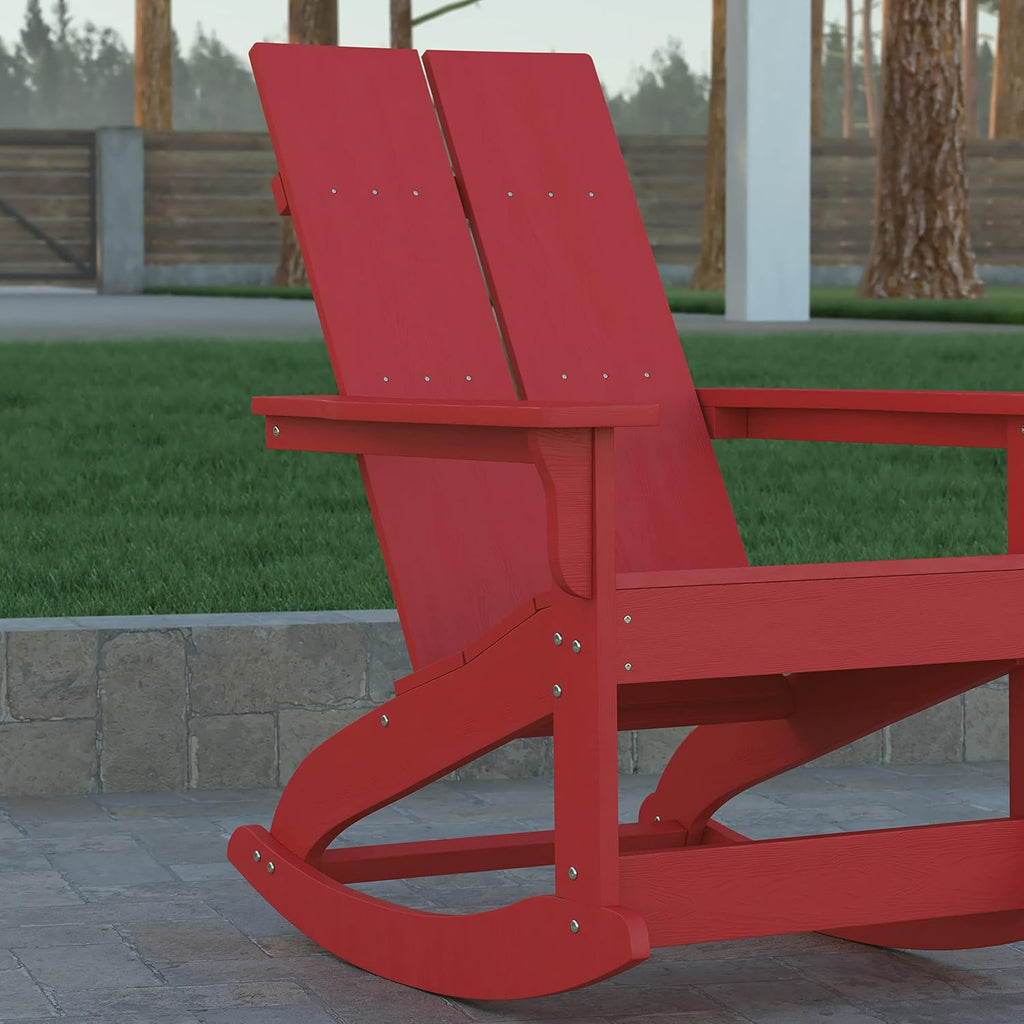 EMMA + OLIVER Harmon Adirondack Rocking Chair - Red Poly Resin - Suitable for Indoor/Outdoor Use - All Weather Materials - Easy Assembly - 350 lb. Weight Capacity