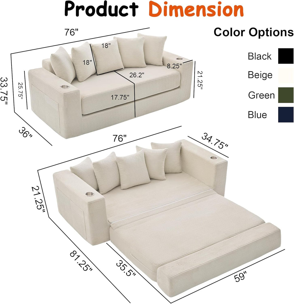 76' Convertible Sofa Bed, 2-in-1 Boneless Sleeper Sofa with Cup Holder & Pocket, Corduroy Pull Out Couch with 5 Pillows, Couch Bed for Living Room, Small Spaces, Bedroom, No Assembly