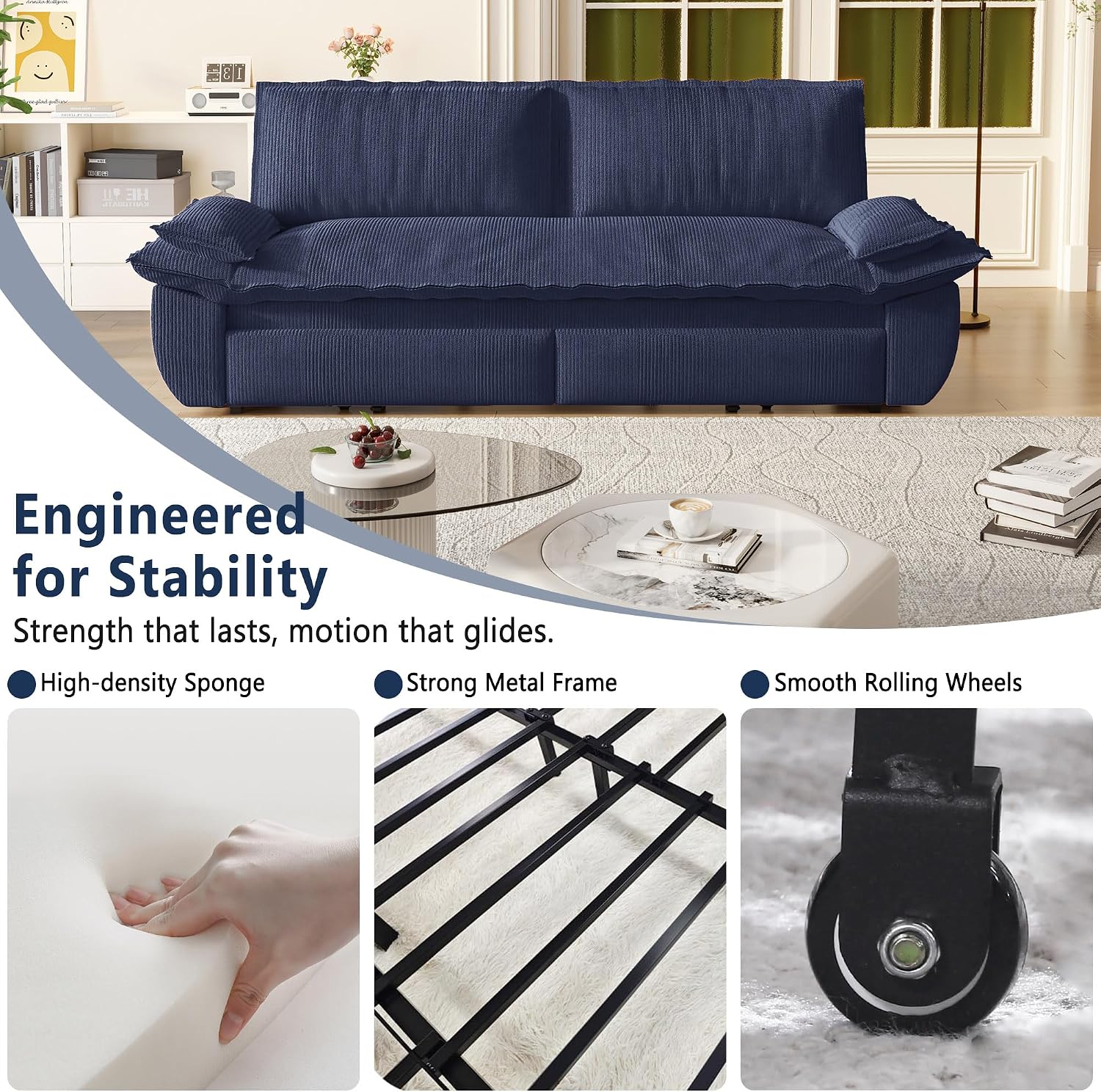 73.2' Sofa Bed Queen Size, Pull Out Couch Bed, 3-in-1 Convertible Sleeper Sofa with Cushion Armrest, Modern Corduroy Futon Couch for Living Room, Small Space, Apartment, Bedroom, Dark Blue