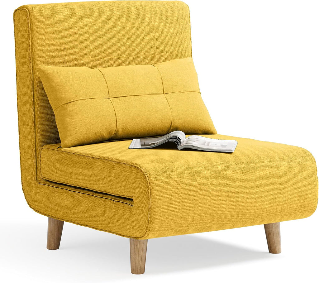 Aiho Futon Sofa Bed, 3-in-1 Convertible Sleeper Chair Bed, Futon Chair with 6-Level Adjustable Backrest and Pillow for Apartment Dorm, Office, Linen Yellow