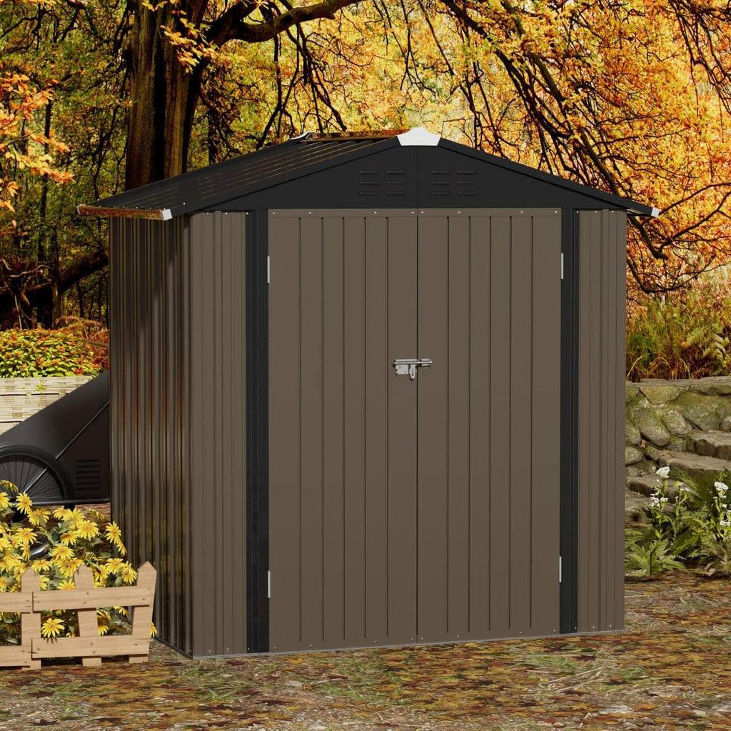 JUMMICO Metal Outdoor Storage Shed 6 x 4 FT Metal Shed with Lockable Door,Waterproof Garden Tool Shed Storage House for Backyard Patio Lawn,Brown