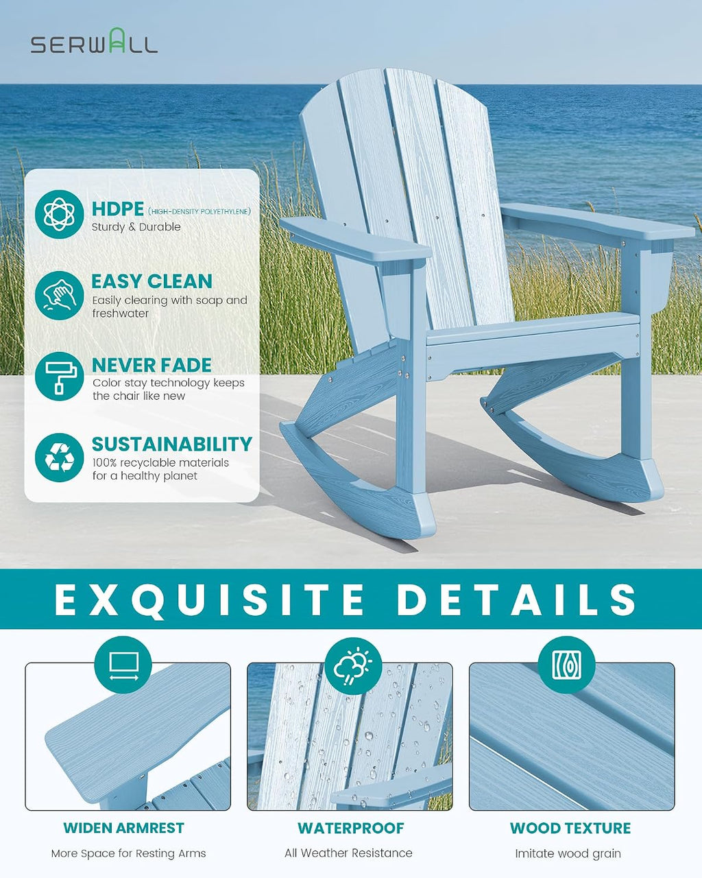 SERWALL Outdoor Adirondack Rocking Chair, All-Weather HDPE Adirondack Rocker Chair, Front Porch Rocker Chairs for Patio Lawn Porch Deck, Light Blue