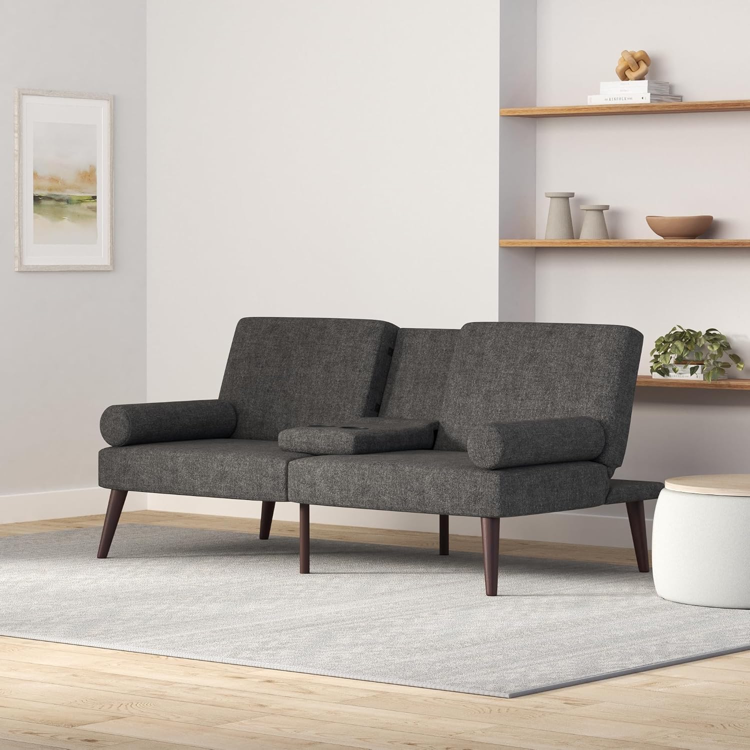 Best Choice Products Mid-Century Modern Upholstered Futon, Convertible Folding Sofa Bed, Small Couch w/Rounded Armrests, 2 Cupholders - Charcoal