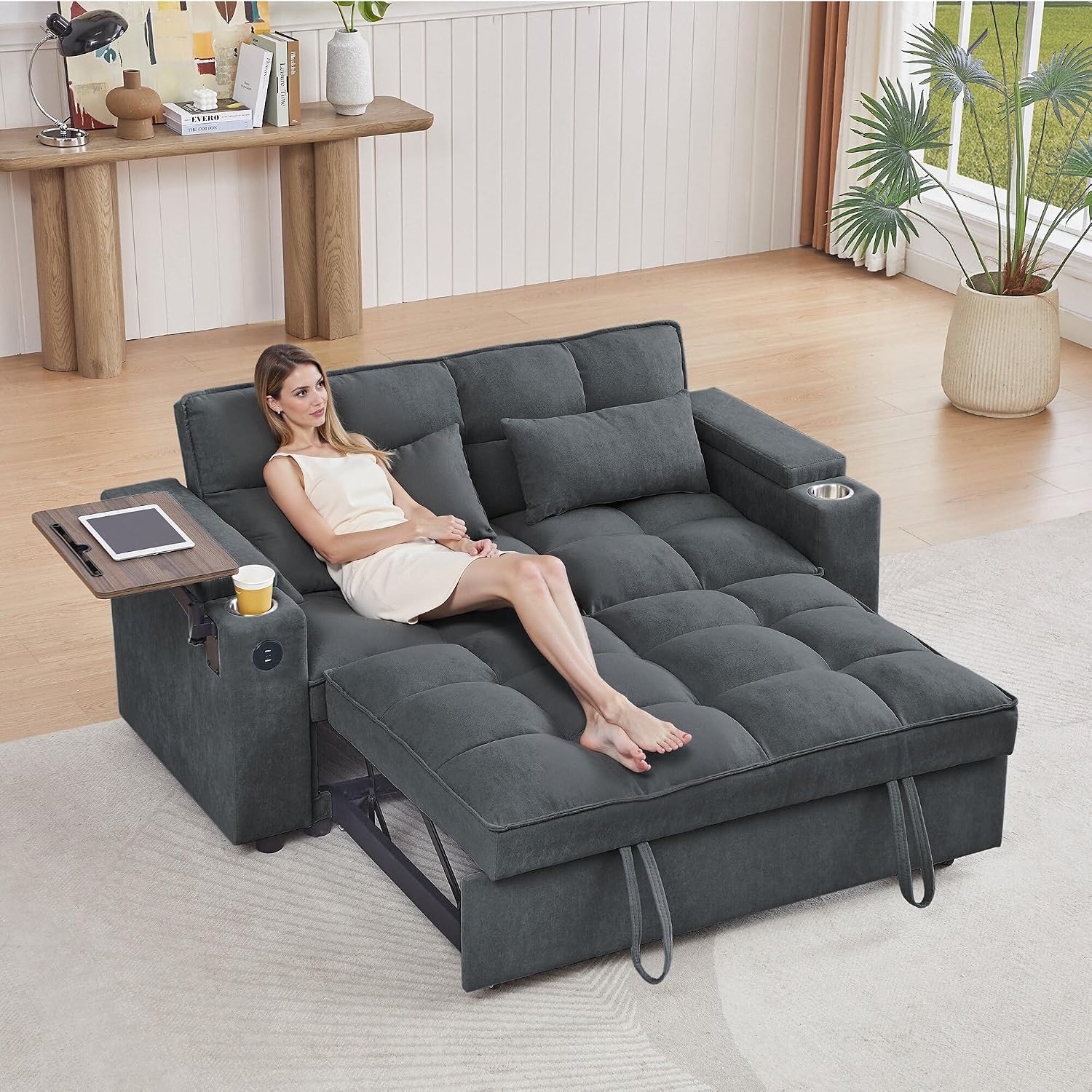 Auvsoce 65'' Convertible Sleeper Sofa Bed with Adjustable Backrest, Chaise Lounge, Side Table & USB/Type-C Ports – Stylish & Functional Addition to Any Living Room (Fashion Pink)