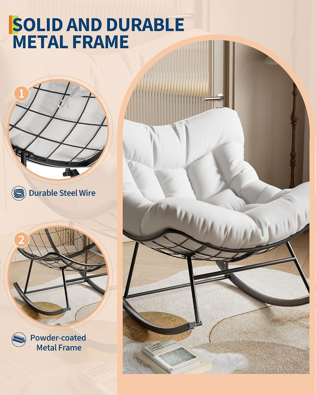 Patio Rocking Chair Indoor and Outdoor, Metal Lounge Rocker with Thick 6'' Cushion,350 Lbs Capacity,White Cushion