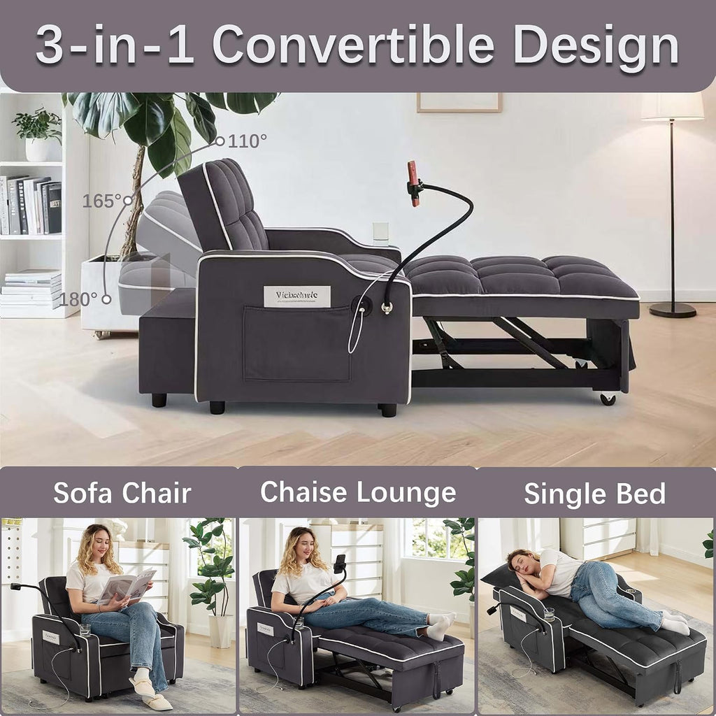 Convertible Armchair Sofa Bed with USB Port & Phone Holder, Pull-Out Single Chair Bed Sleeper for Small Spaces, Modern Upholstered Recliner Chair (Grey)