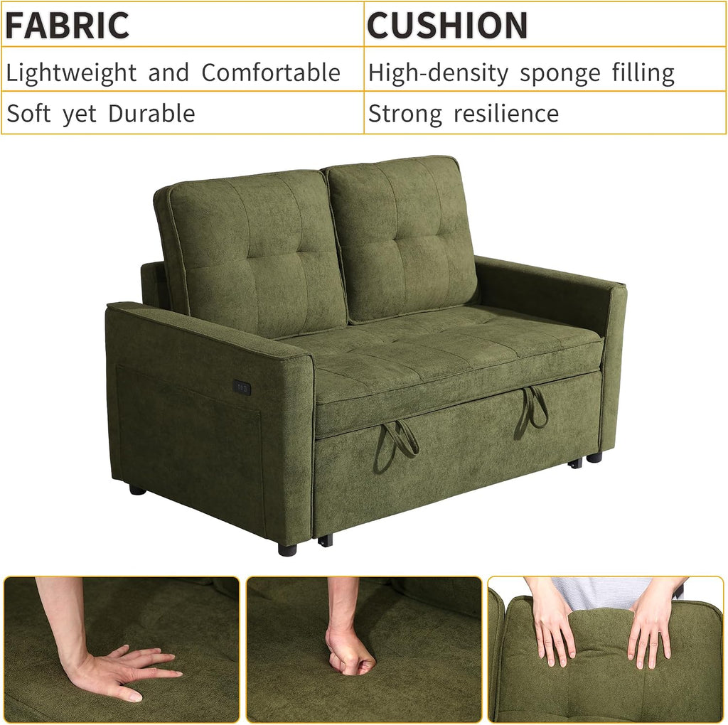 EJUNQ Pull Out Couch, Convertible Sofa Bed with USB and Reclining Backrest, Modern 3 in 1 Sleeper Sofa Couch Bed with Side Pockets, Comfortable Loveseat Sleeper for Small Spaces.(Green)