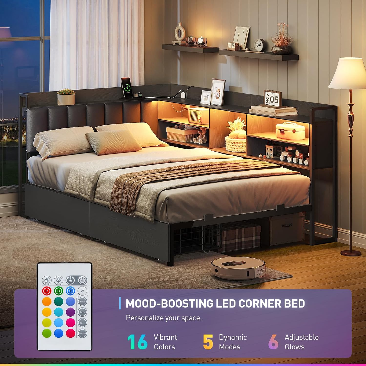 RALGEND Corner Bed Frame with Bookcase Storage and PU Upholstered, Twin Daybed with 2 Drawers and Charging Station, Metal Platform Bed Fram for Living Room, Bedroom, Guest Room, Black