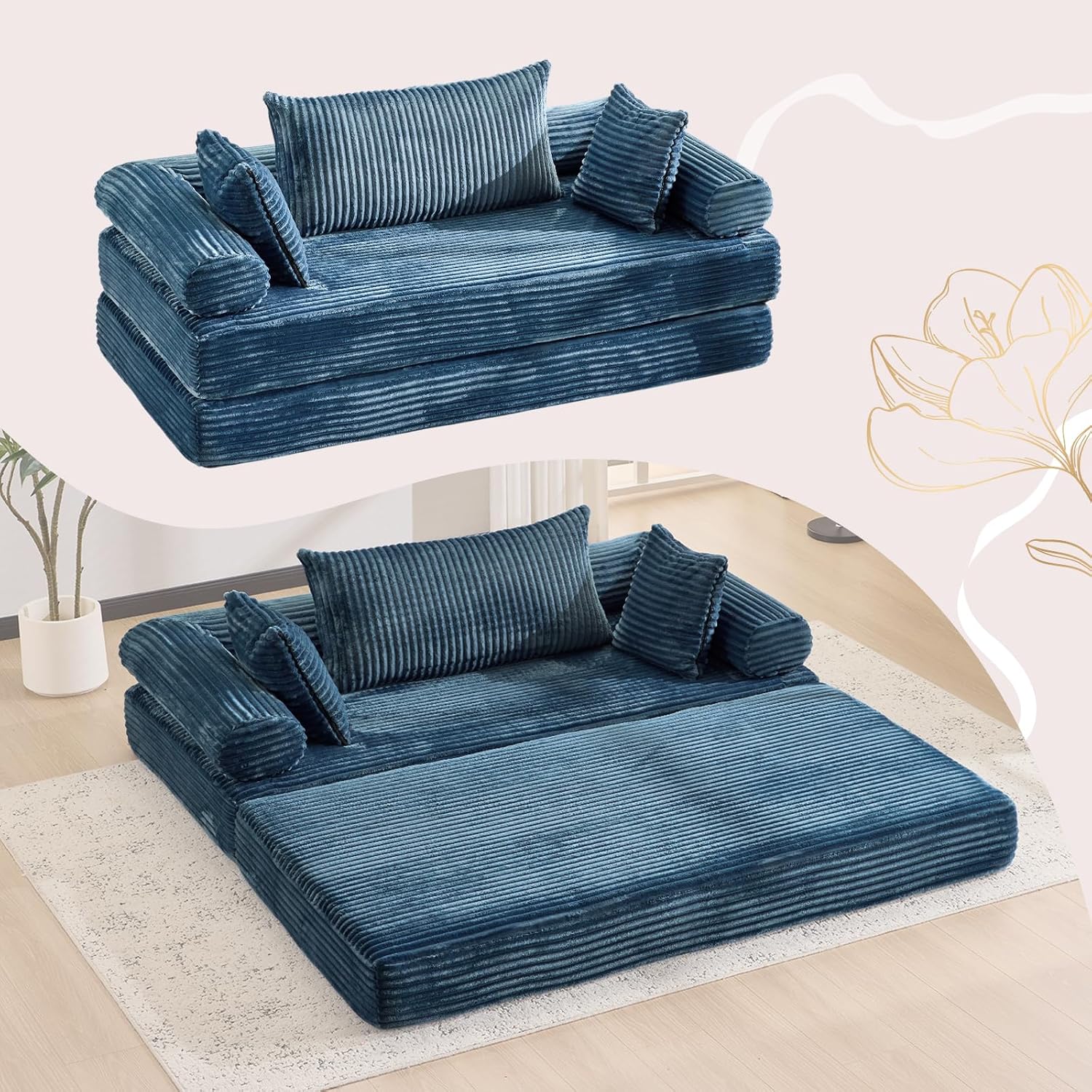 VINGLI Convertible Futon Sofa Bed, Upholstered Corduroy Boneless Couch King Size Floor Loveseat Sleeper Sofa with 2-in-1 Throw Pillow & Blanket Couches for Living Room, Bedroom, Lounge, Navy Blue