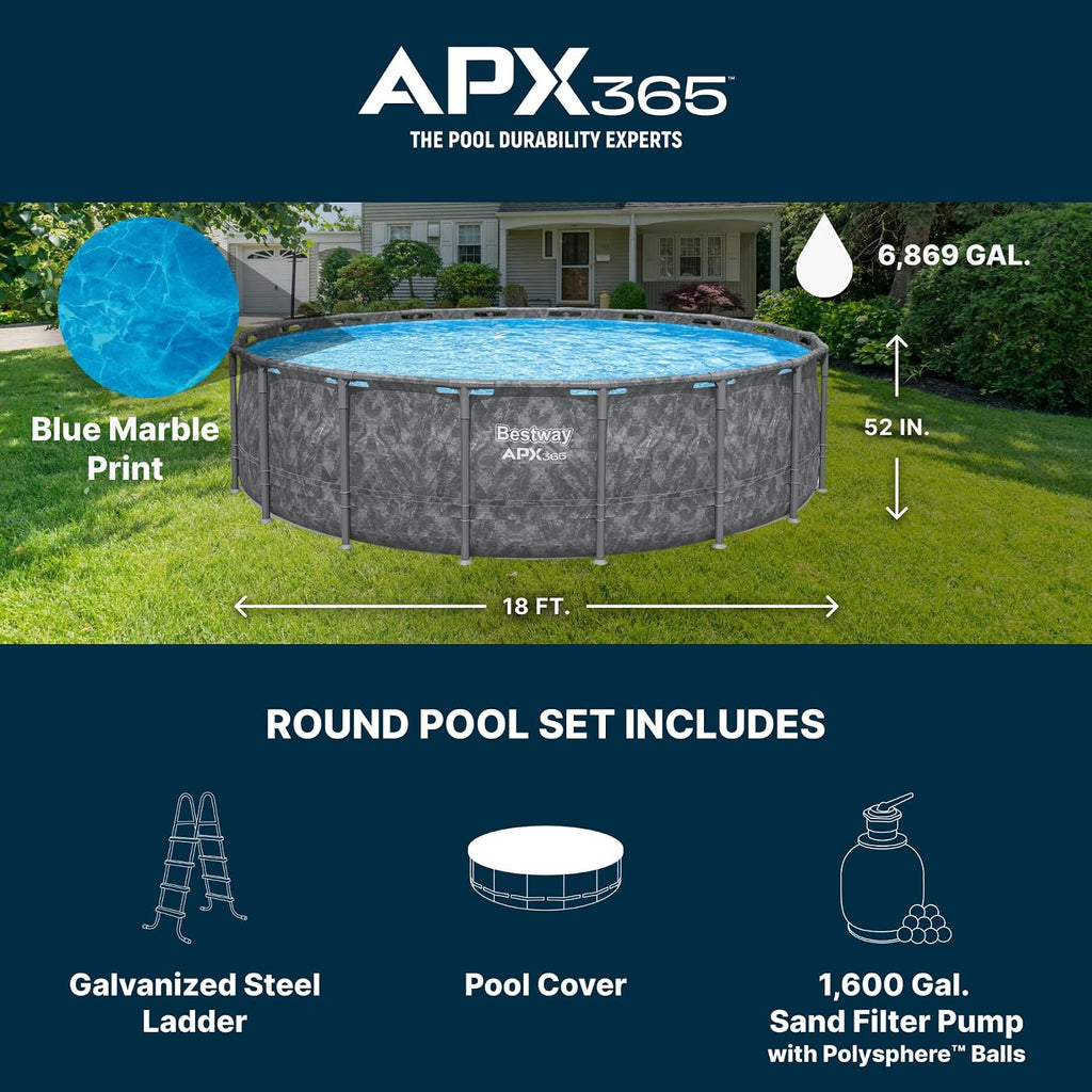 Bestway APX 365 18' x 52' Above Ground Pool, Round Metal Frame Outdoor Swimming Pool Set with Sand Filter Pump, Ladder, and Cover, Dark Marble