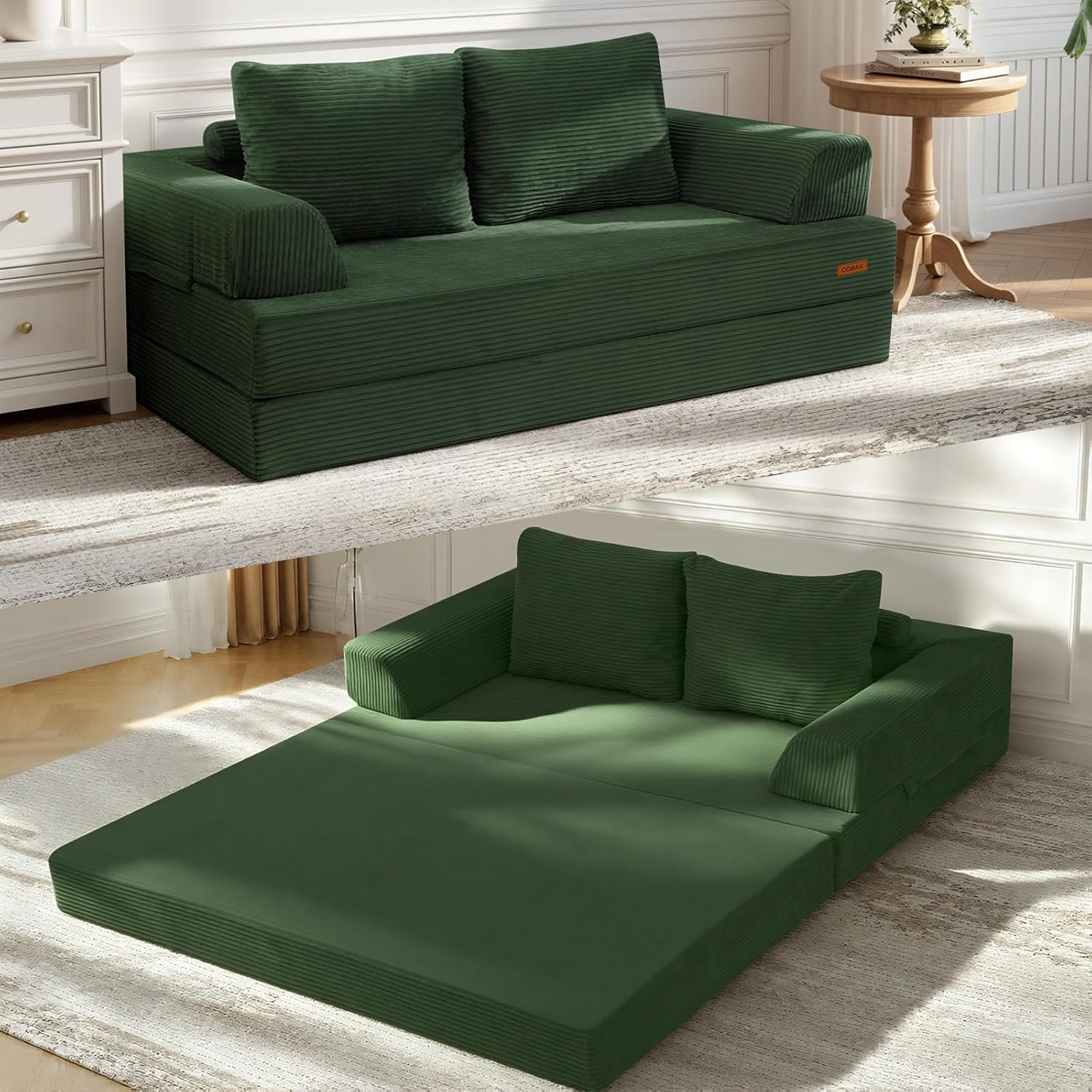 COMAX Convertible Sofa Bed, Folding Floor Couch Corduroy Fold Out Couch Bed Futon Sleeper Mattress with Pillows, Boneless Sofa Comfy Lounge Loveseat for Living Room Bedroom, Green
