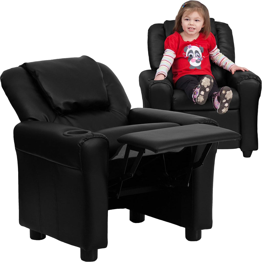 EMMA + OLIVER Black LeatherSoft Kids Recliner with Cup Holder and Headrest