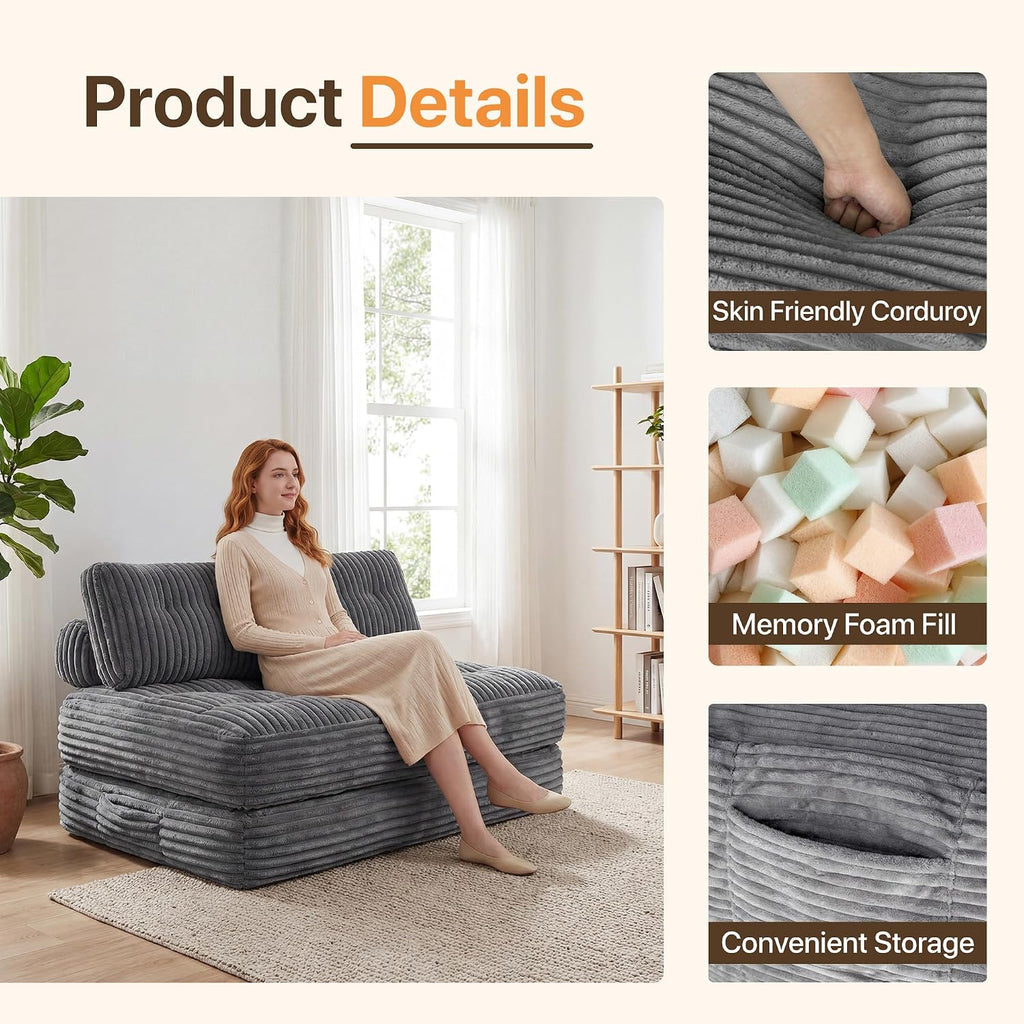 Claiks Folding Sofa Bed, Boneless Chair with Pillow Sleeper Sofa with Back Support, Sleeper Chair Portable Fold Out Chair Bed Comfy Foldable Mattress for Living Room, Dark Grey, Double