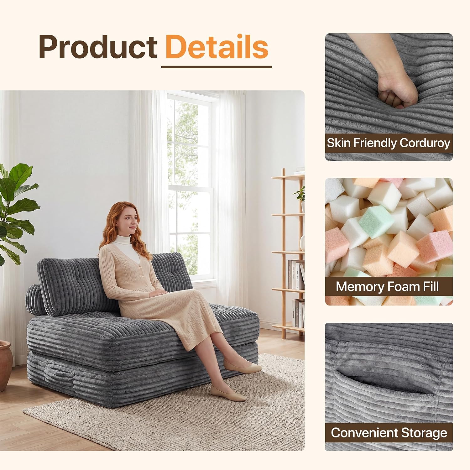 Claiks Folding Sofa Bed, Boneless Chair with Pillow Sleeper Sofa with Back Support, Sleeper Chair Portable Fold Out Chair Bed Comfy Foldable Mattress for Living Room, Dark Grey, Double