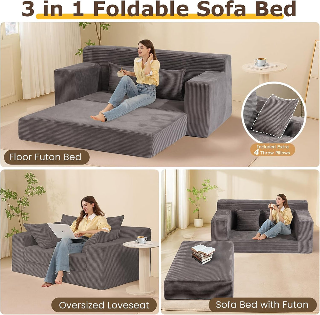 cidludto Convertible Sofa Bed, 3 in 1 Loveseat Folding Couch Bed Foldable - Boneless Couch & Floor Futon Sleeper, Corduroy Pull Out Sofa Bed with 4 Pillows for Living Room, Grey