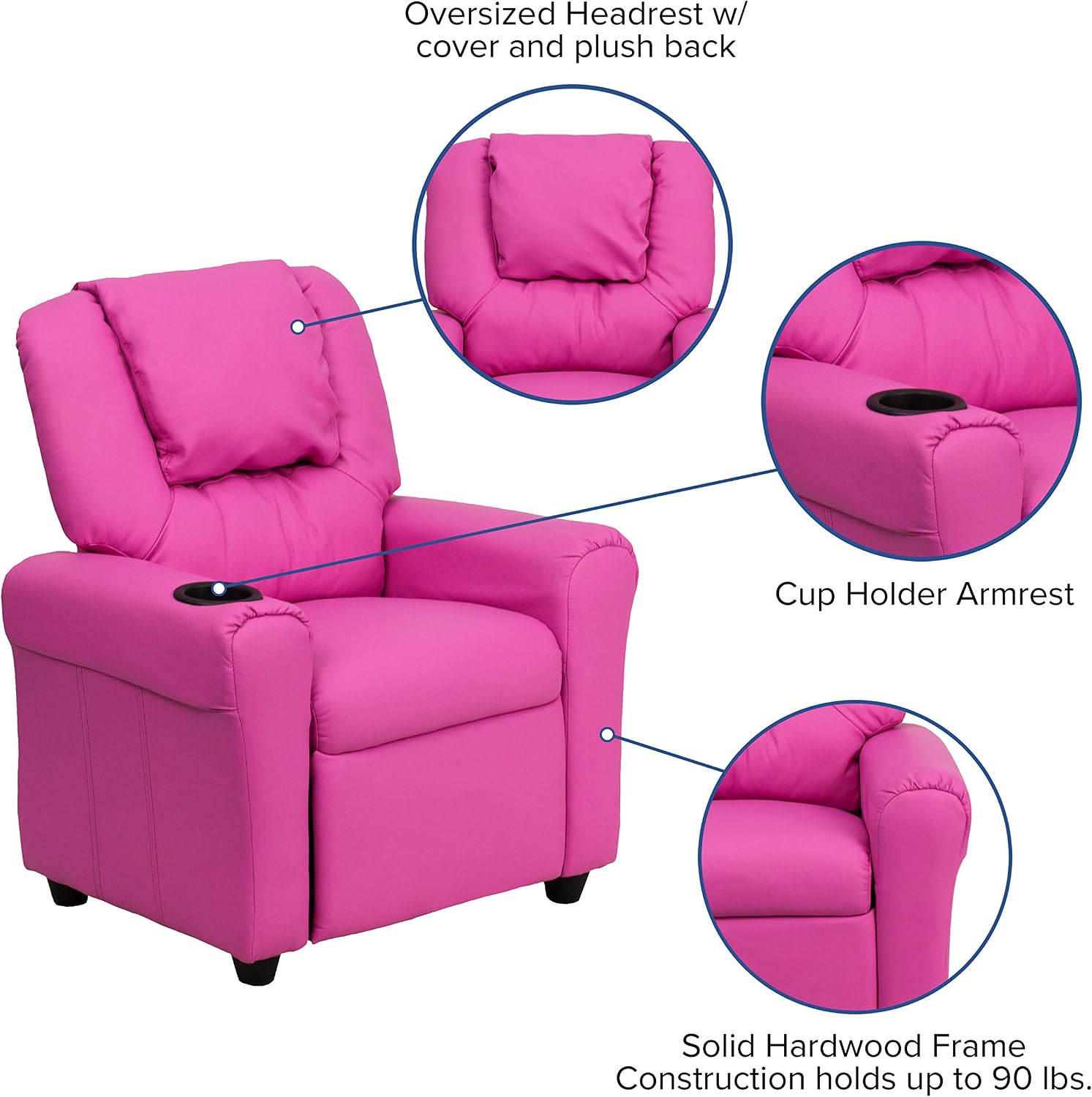 EMMA + OLIVER Hot Pink Vinyl Kids Recliner with Cup Holder and Headrest