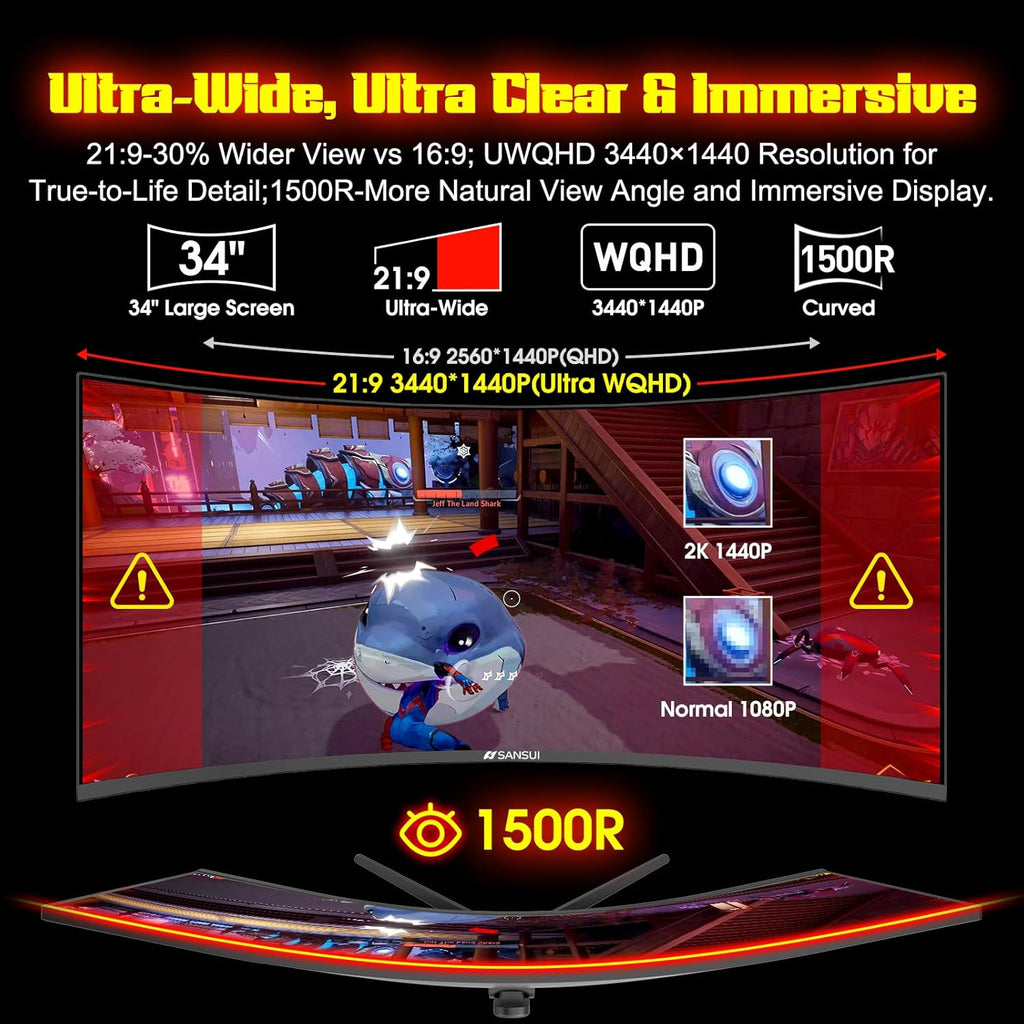 SANSUI 34 Inch 240Hz Ultrawide Curved Gaming Monitor UWQHD 3440×1440, 21:9 2K Curved Monitor 1500R,HDR400,Fast VA, PIP/PBP,AI Crosshair,AIPQ(Visual Enhance),MPRT 1ms,HDMI2.1 * 2,DP1.4 * 2