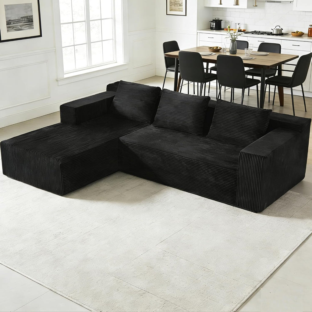Nigoone 103' Sectional Couch for Living Room, Modular L Shaped Black Couches with Chaise, Large Minimalist Modern Deep Seats Boneless Sofa, Corduroy, No Assembly