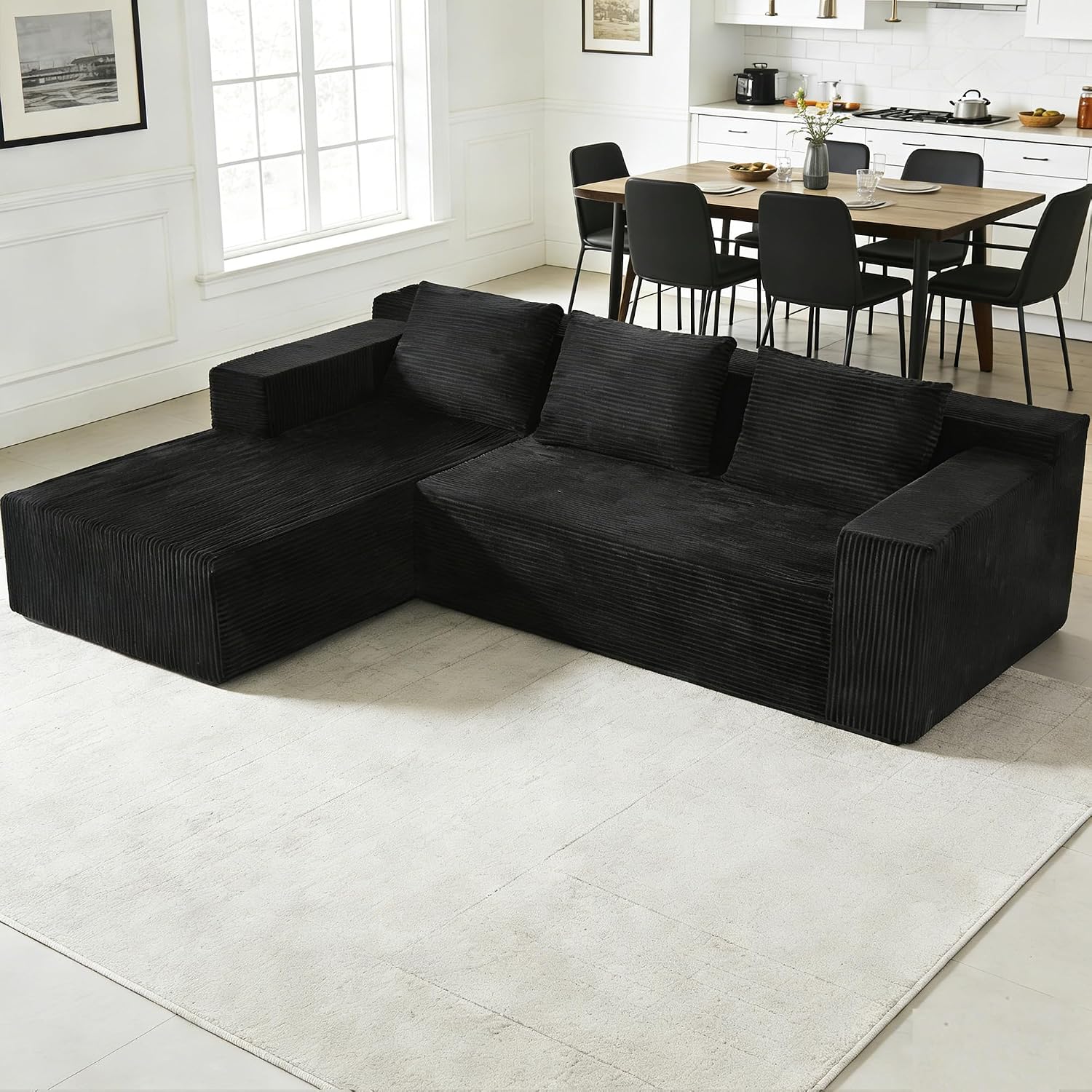 Nigoone 103' Sectional Couch for Living Room, Modular L Shaped Black Couches with Chaise, Large Minimalist Modern Deep Seats Boneless Sofa, Corduroy, No Assembly