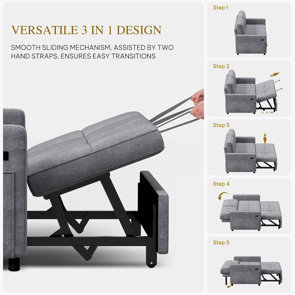 YITAHOME 55' Convertible Sofa Bed, 3-in-1 Sleeper Sofa with Pull-Out Bed, Cat-Scratch-Proof Futon Couch with 5-Levels Reclining Backrest, USB and Side Pocket, Modern Loveseat for Living Room, Grey