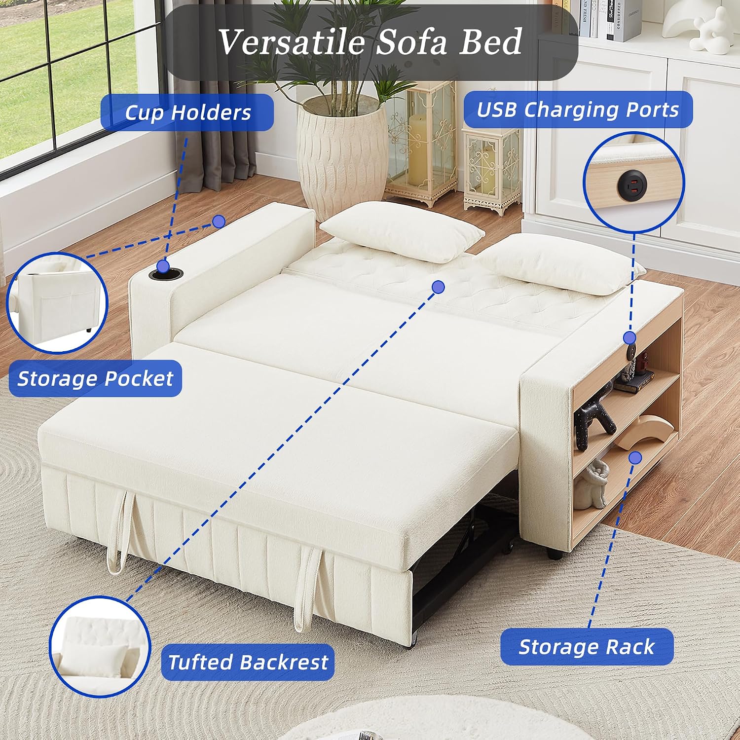 Merax Pull-Out Sleeper Sofa Bed with Reversible Backrest and Storage Shelves, 3 in 1 Foton Couch with USB Ports & Phone Holder, Chenille Loveseat with Pillows for Living Room, Beige