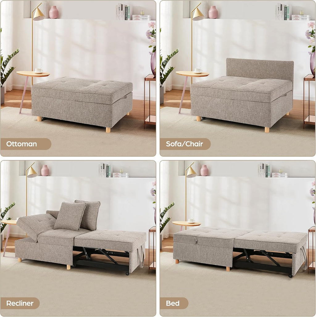 SEJOV Sofa Bed Chair 4-in-1 Convertible Chair Bed, 3-Seat Linen Fabric loveseat Sofa with 2 Throw Pillow, Single Recliner for Small Space with 5 Adjustable Backrest, Brown Grey